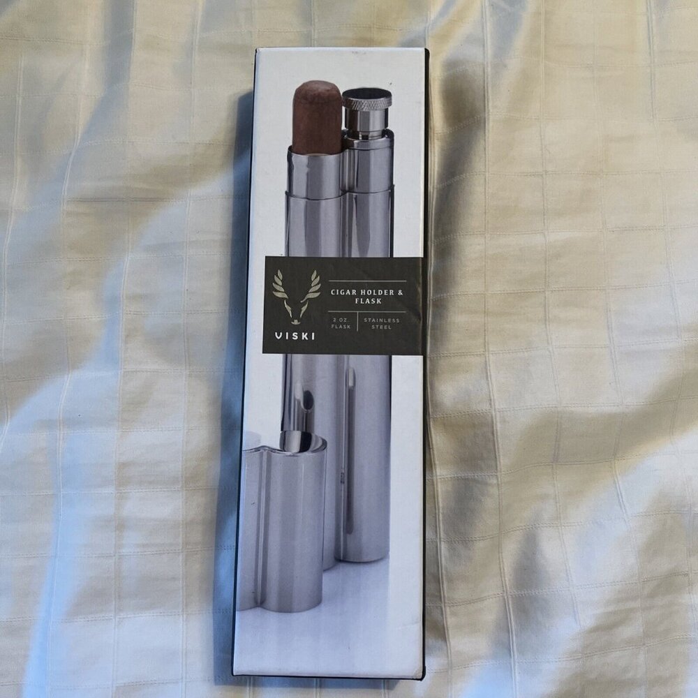 Viski Stainless Steel Cigar & 2 oz Flask Holder Route 66 Casino Hotel Logo